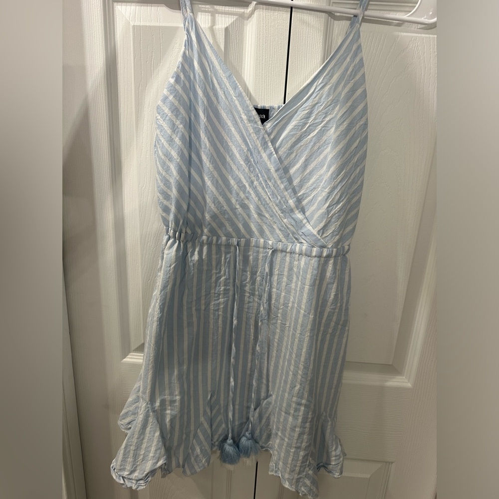 Blue and white striped flowery dress